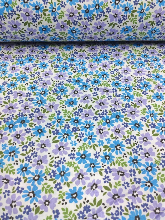 mintás pamutvászon /türkiz-lila színű mezei virágok (legnagyobb virág 2cm×1,8cm) /fehér