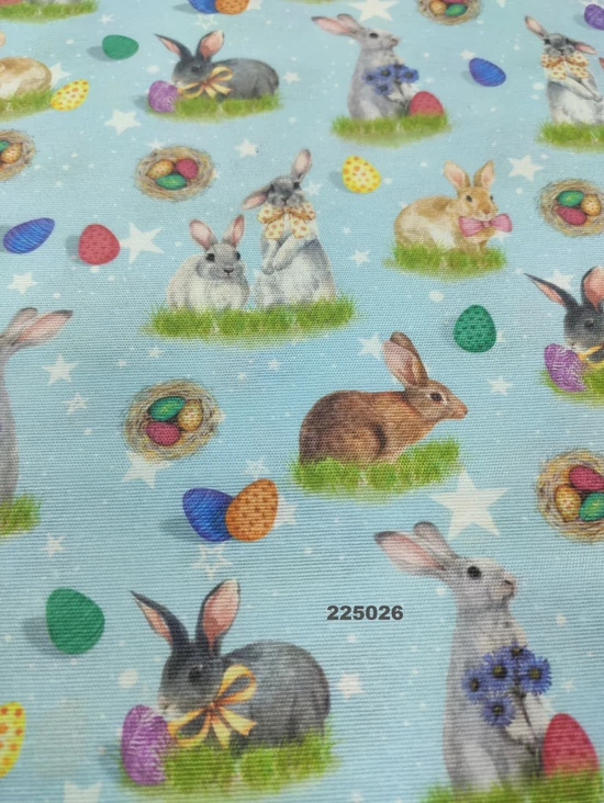 mintás LONETA vastag vászon /Húsvéti nyuszik (kosárka 2,2cm)/ világos kék