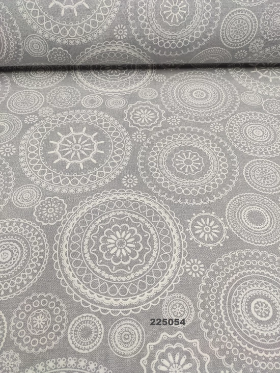 mintás LONETA vastag vászon /fehér mandalák (virágos szegélyű mandala 15cm × 15cm) /szürke