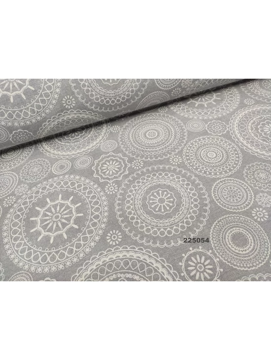 mintás LONETA vastag vászon /fehér mandalák (virágos szegélyű mandala 15cm × 15cm) /szürke