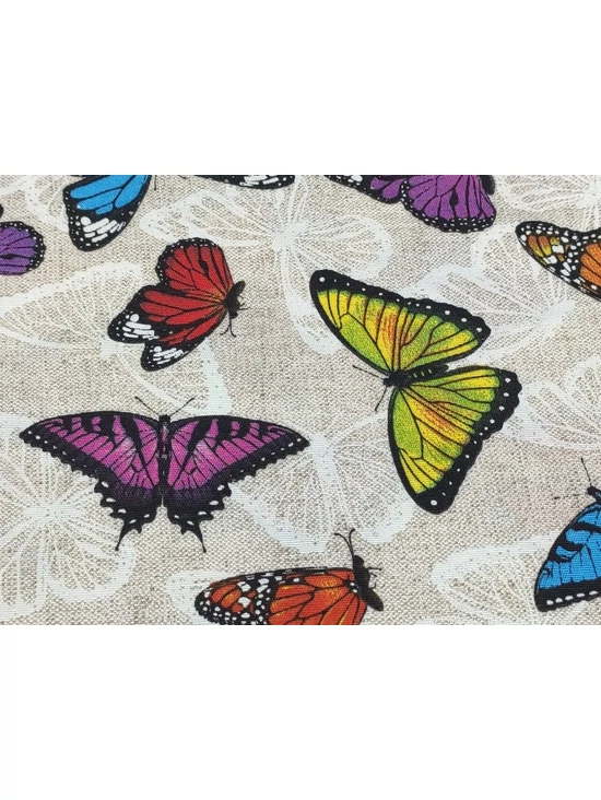 mintás LONETA vastag vászon /színes pillangók (piros lepke 10cm×6cm) /drapp