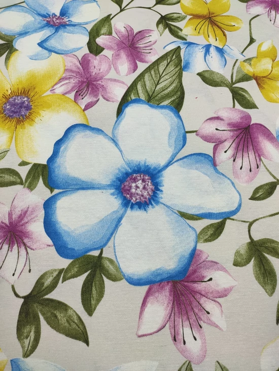 mintás LONETA vastag vászon /óriás színes virágok (lila közepű kék virág 22cm×21.7cm) /világos drapp