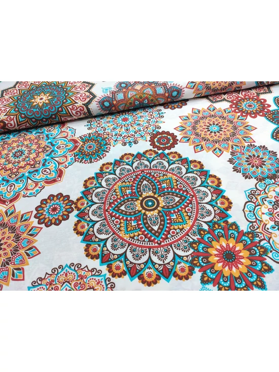 mintás LONETA vastag vászon /türkiz-bordó mandalák (legnagyobb mandala 25.4cm×25.4cm) /fehér