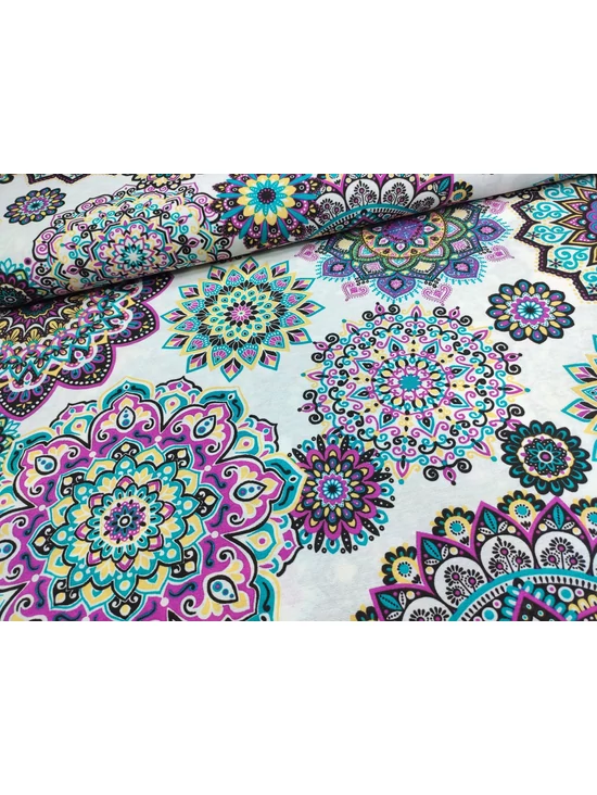 mintás LONETA vastag vászon /türkiz-lila mandalák (legnagyobb mandala 25.4cm×25.4cm) /fehér