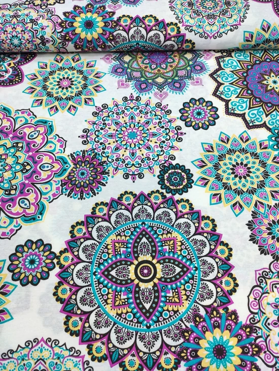 mintás LONETA vastag vászon /türkiz-lila mandalák (legnagyobb mandala 25.4cm×25.4cm) /fehér
