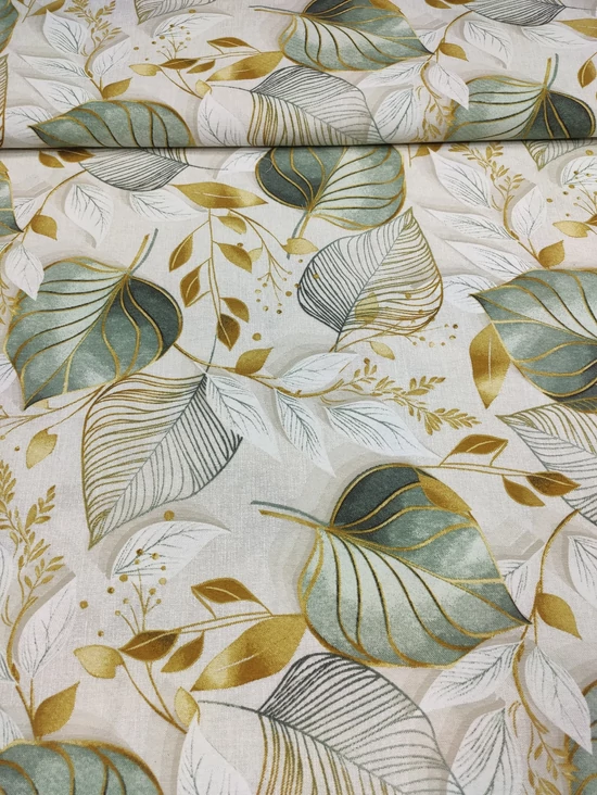 mintás LONETA vastag vászon /arany-zöld levelek (zöld levél 12.5cm×13.5cm) /natúr melange