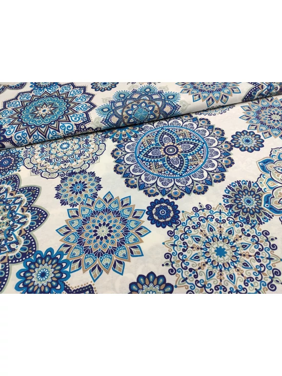 mintás LONETA vastag vászon /tengerkék mandalák (mandala drapp pöttyös szegéllyel 23.8cm×23.8cm) /fehér
