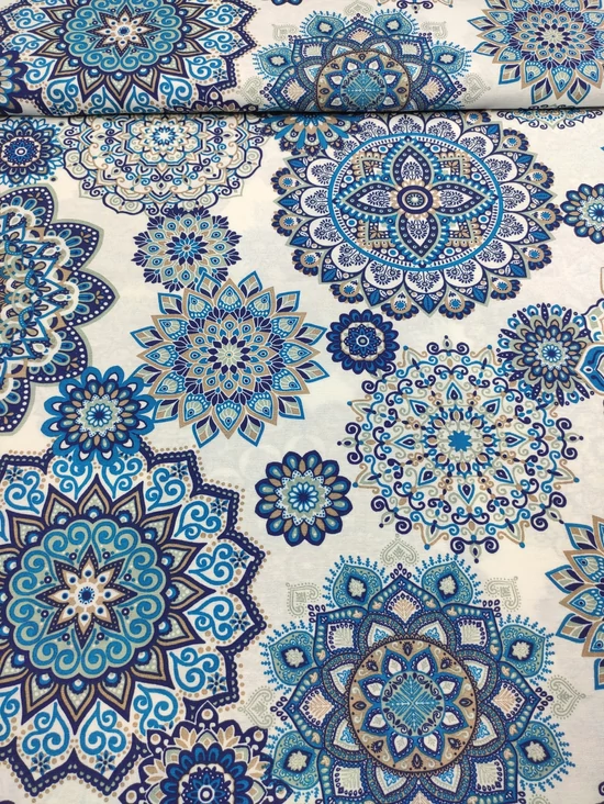 mintás LONETA vastag vászon /tengerkék mandalák (mandala drapp pöttyös szegéllyel 23.8cm×23.8cm) /fehér