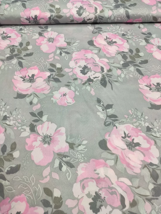 mintás microfiber /rózsaszín rózsák (rózsa feje 9.8cm×9.5cm) /világosszürke
