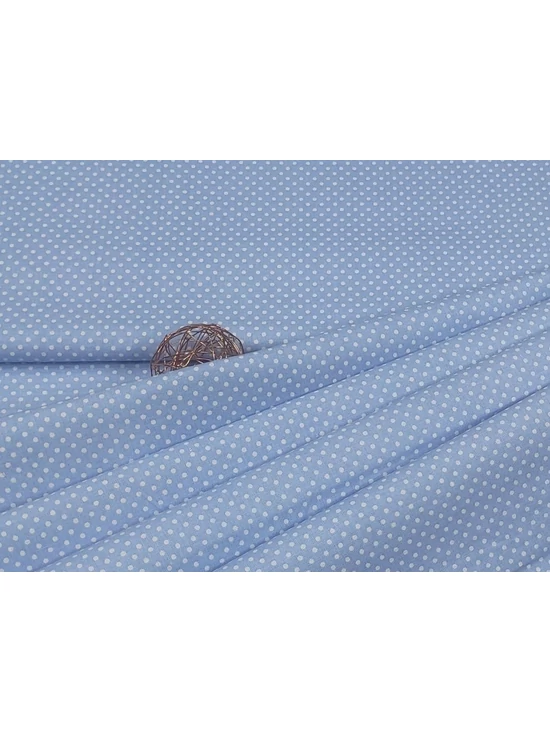 Világoskék-fehér pöttyös mintás 100% pamut, 140cm széles pamutvászon.