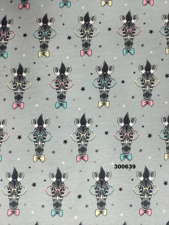 elasztikus mintás pamut jersey /bohém zebrák (sárga szemüveges zebra 5.5cm × 3cm) /szürke