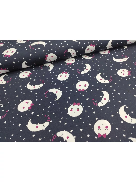 elasztikus mintás pamut jersey /mesebeli égbolt (pink masnis telihold átmérője 4.2cm) /sötétkék