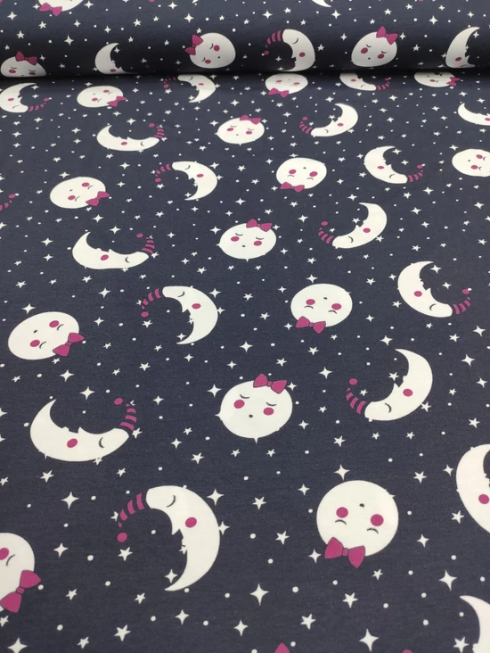 elasztikus mintás pamut jersey /mesebeli égbolt (pink masnis telihold átmérője 4.2cm) /sötétkék