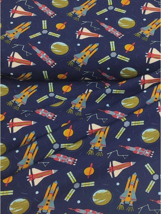 elasztikus mintás pamut jersey GOTS minősítéssel /űrutazás (műhold 5cm×5cm) /sötétkék