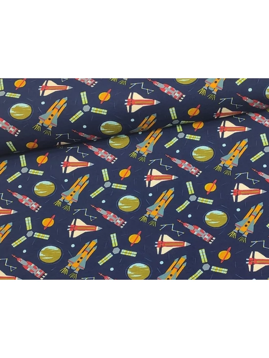 elasztikus mintás pamut jersey GOTS minősítéssel /űrutazás (műhold 5cm×5cm) /sötétkék