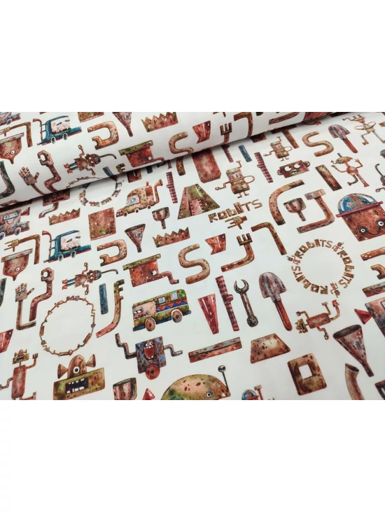 elasztikus mintás pamut jersey GOTS minősítéssel /rozsdás robotok (színes mintás busz 1.6cm×2.2cm) /fehér