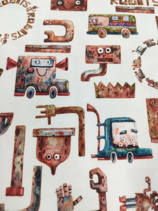 elasztikus mintás pamut jersey GOTS minősítéssel /rozsdás robotok (színes mintás busz 1.6cm×2.2cm) /fehér