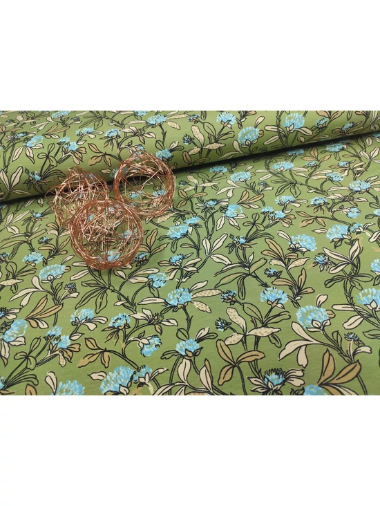 elasztikus mintás pamut jersey /világoskék virágok indával (legnagyobb virágfej 2.5cm×2cm) /zöld