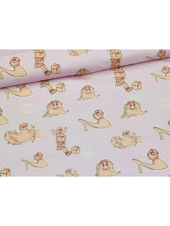 elasztikus mintás pamut jersey DIGITAL print /Picur kalandjai (legnagyobb cipő 6.3cm×4cm) /mályva