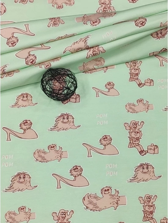 elasztikus mintás pamut jersey DIGITAL print /Picur kalandjai (legnagyobb cipő 6.3cm×4cm) /menta