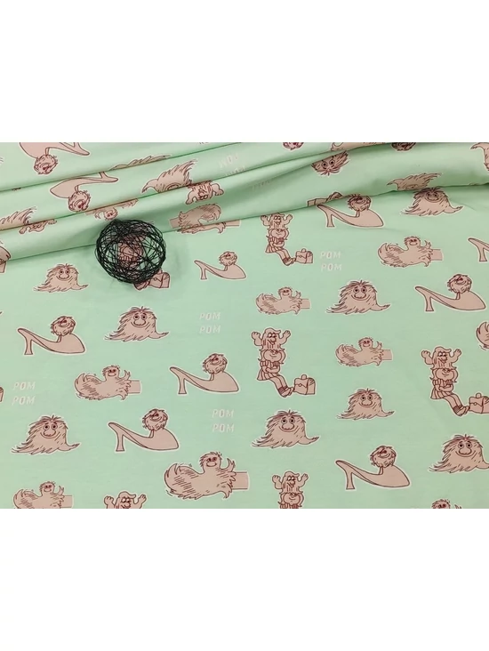 elasztikus mintás pamut jersey DIGITAL print /Picur kalandjai (legnagyobb cipő 6.3cm×4cm) /menta