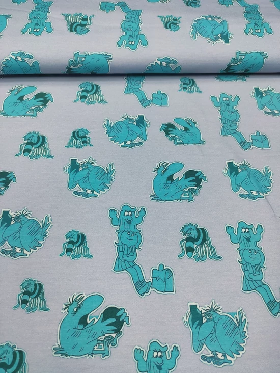 elasztikus mintás pamut jersey DIGITAL print /mese a kislányról (madár csokival 5cm×4.5cm) /szürke