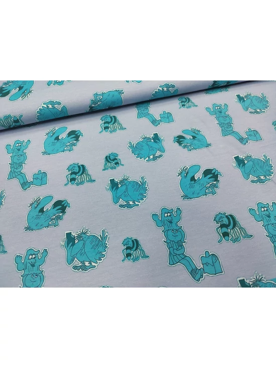 elasztikus mintás pamut jersey DIGITAL print /mese a kislányról (madár csokival 5cm×4.5cm) /szürke