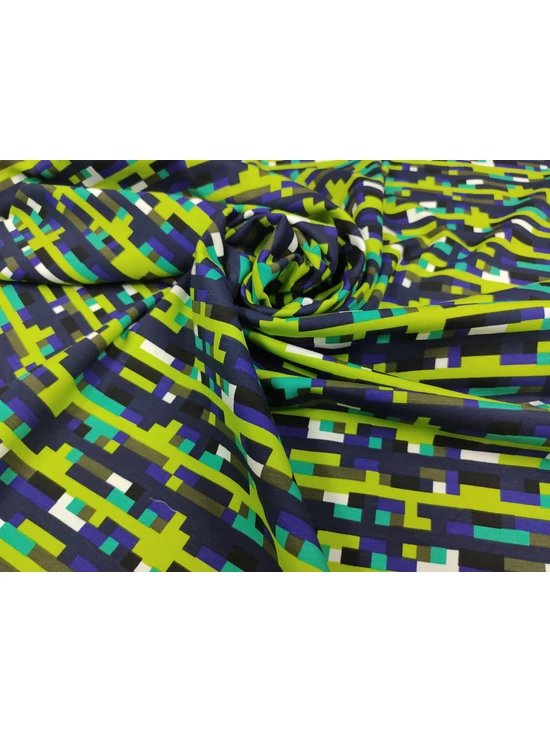 elasztikus mintás pamut jersey /blokk mintás (egy kocka 7mm×7mm) /királykék-lime-türkiz
