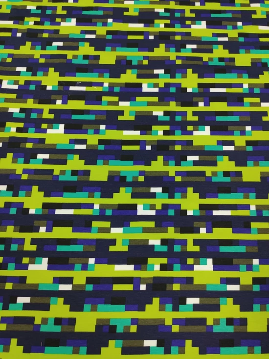 elasztikus mintás pamut jersey /blokk mintás (egy kocka 7mm×7mm) /királykék-lime-türkiz