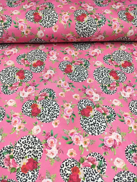 elasztikus mintás futter DIGITAL PRINT /párduc mintás Minnie fejek (Minnie fej rózsával 9cm×9cm) /pink