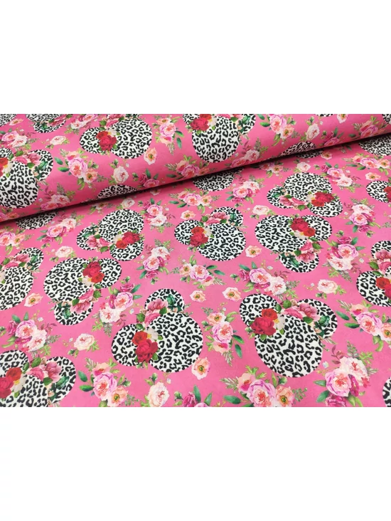 elasztikus mintás futter DIGITAL PRINT /párduc mintás Minnie fejek (Minnie fej rózsával 9cm×9cm) /pink