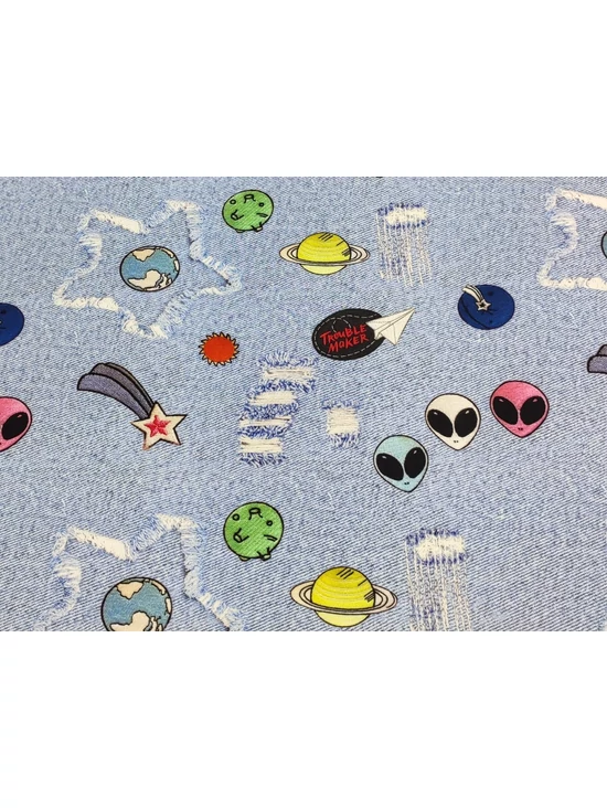 elasztikus mintás futter /földönkívüliek a galaxisban (rózsaszín UFO feje 3.5cm×3.6cm) /farmerkék melange
