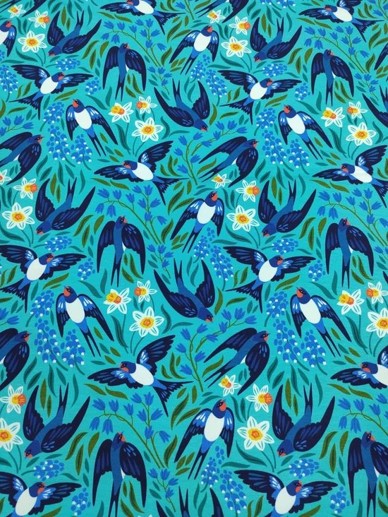 elasztikus mintás futter /füsti fecskék (széttárt szárnyú fecske 7,7cm×7,5cm) /türkizkék