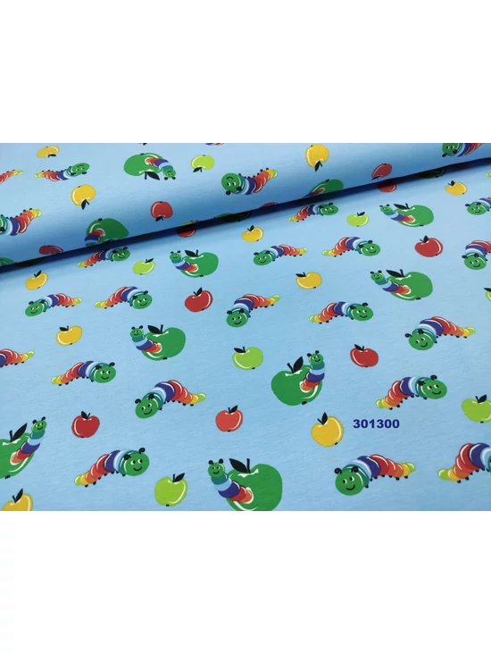 elasztikus mintás pamut jersey /kukacos alma (alma2*1,8 cm) /világoskék