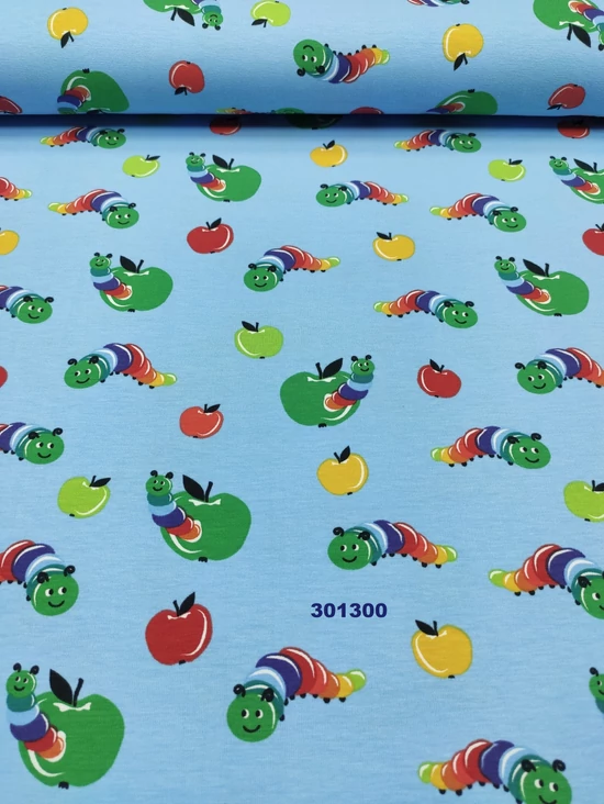 elasztikus mintás pamut jersey /kukacos alma (alma2*1,8 cm) /világoskék