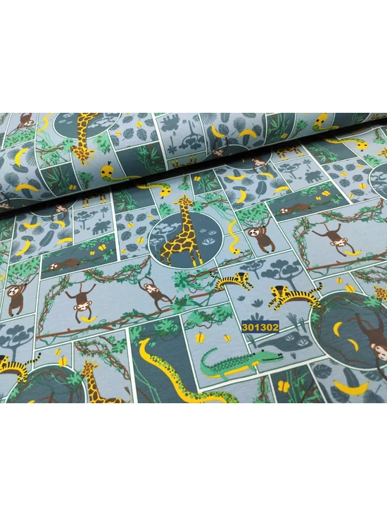 elasztikus mintás pamut jersey /safari (krokodil5,5 cm*2cm) /világoskék