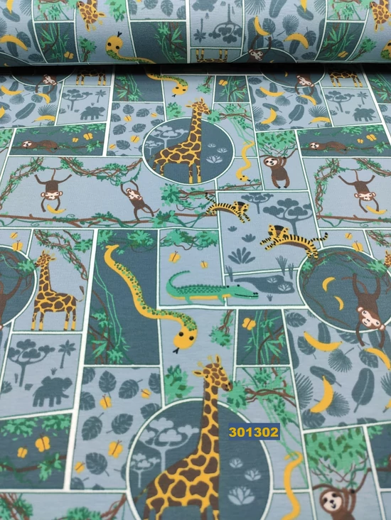 elasztikus mintás pamut jersey /safari (krokodil5,5 cm*2cm) /világoskék