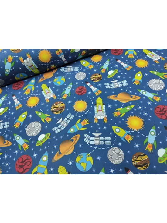 mintás fürdőruha jersey /űrhajók és bolygók (nap 3.3cm×3.3cm) /középkék