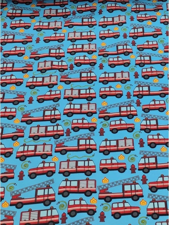 mintás fürdőruha jersey /tűzoltó autók (autó létrával 4.6cm×3.1cm) /világos türkizkék