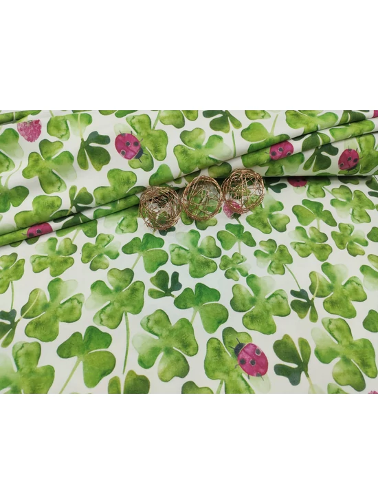 mintás 100% pamut jersey /lóhere katicával (legnagyobb négylevelű lóhere 10.5cm×6cm) /fehér