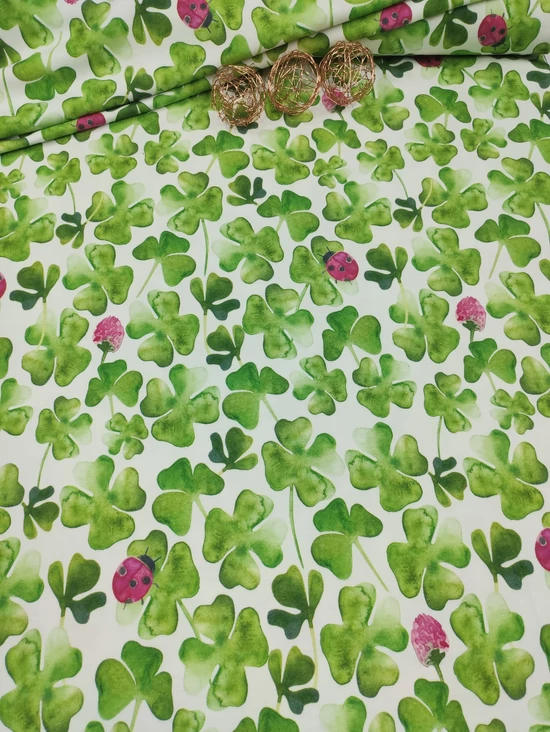 mintás 100% pamut jersey /lóhere katicával (legnagyobb négylevelű lóhere 10.5cm×6cm) /fehér