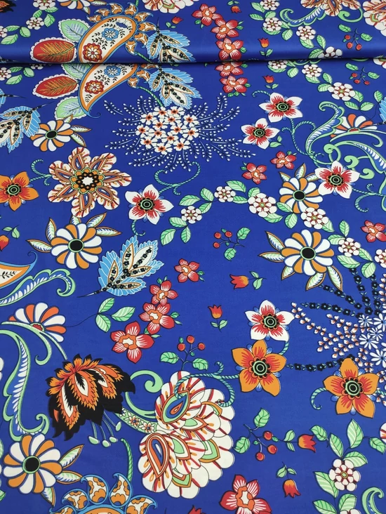 mintás venezia /hideg jersey /népi virág motívumos (fekete-terrakotta virág 8.7cm×9.2cm) /királykék