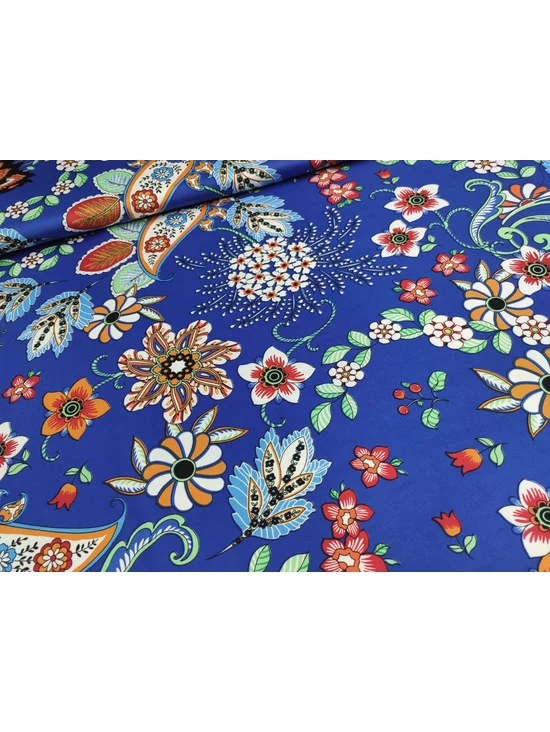 mintás venezia /hideg jersey /népi virág motívumos (fekete-terrakotta virág 8.7cm×9.2cm) /királykék