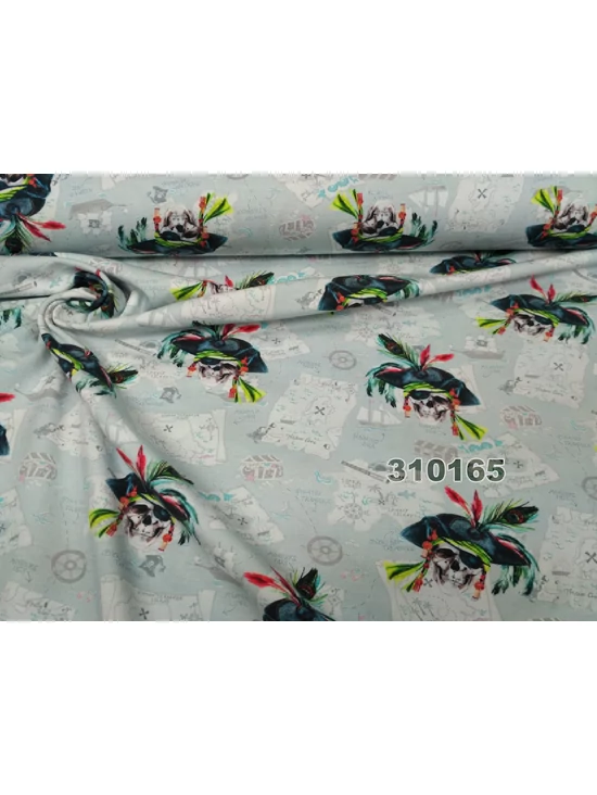 elasztikus mintás pamut jersey /halálfejek /pasztell zöld