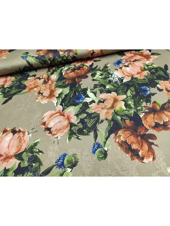 lurex szállal szőtt jacquard szövet /nagy virágok levelekkel (legnagyobb virág feje 12cm×12cm) /világos khaki