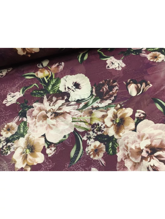 lurex szállal szőtt jacquard szövet /nagy virágok levelekkel (legnagyobb virág feje 12cm×12cm) /burgundi