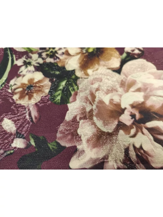 lurex szállal szőtt jacquard szövet /nagy virágok levelekkel (legnagyobb virág feje 12cm×12cm) /burgundi