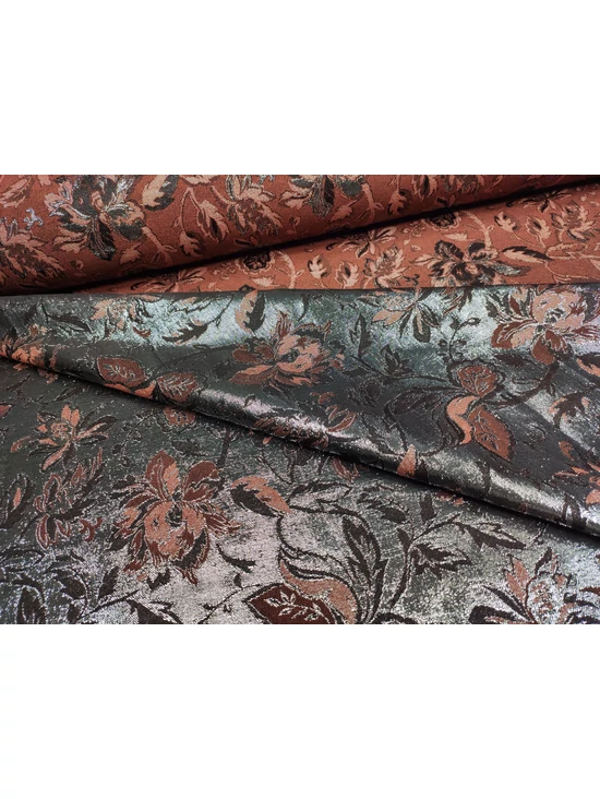 lurex szállal szőtt jacquard szövet /nagy virágok levelekkel (legnagyobb virág 10.5cm×9cm) /rozsdabarna