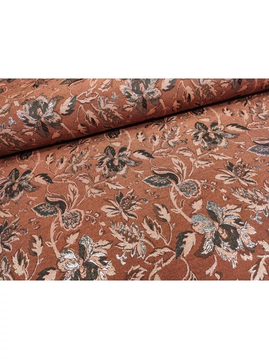 lurex szállal szőtt jacquard szövet /nagy virágok levelekkel (legnagyobb virág 10.5cm×9cm) /rozsdabarna