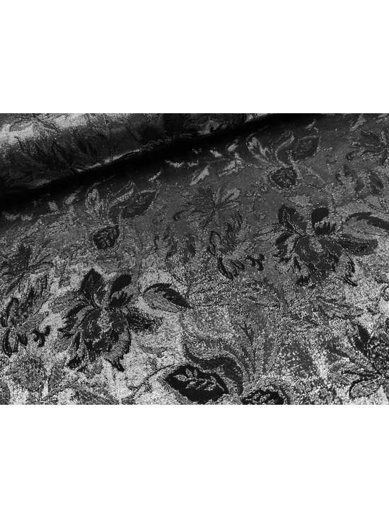 lurex szállal szőtt jacquard szövet /nagy virágok levelekkel (legnagyobb virág 10.5cm×9cm) /fekete-ezüst